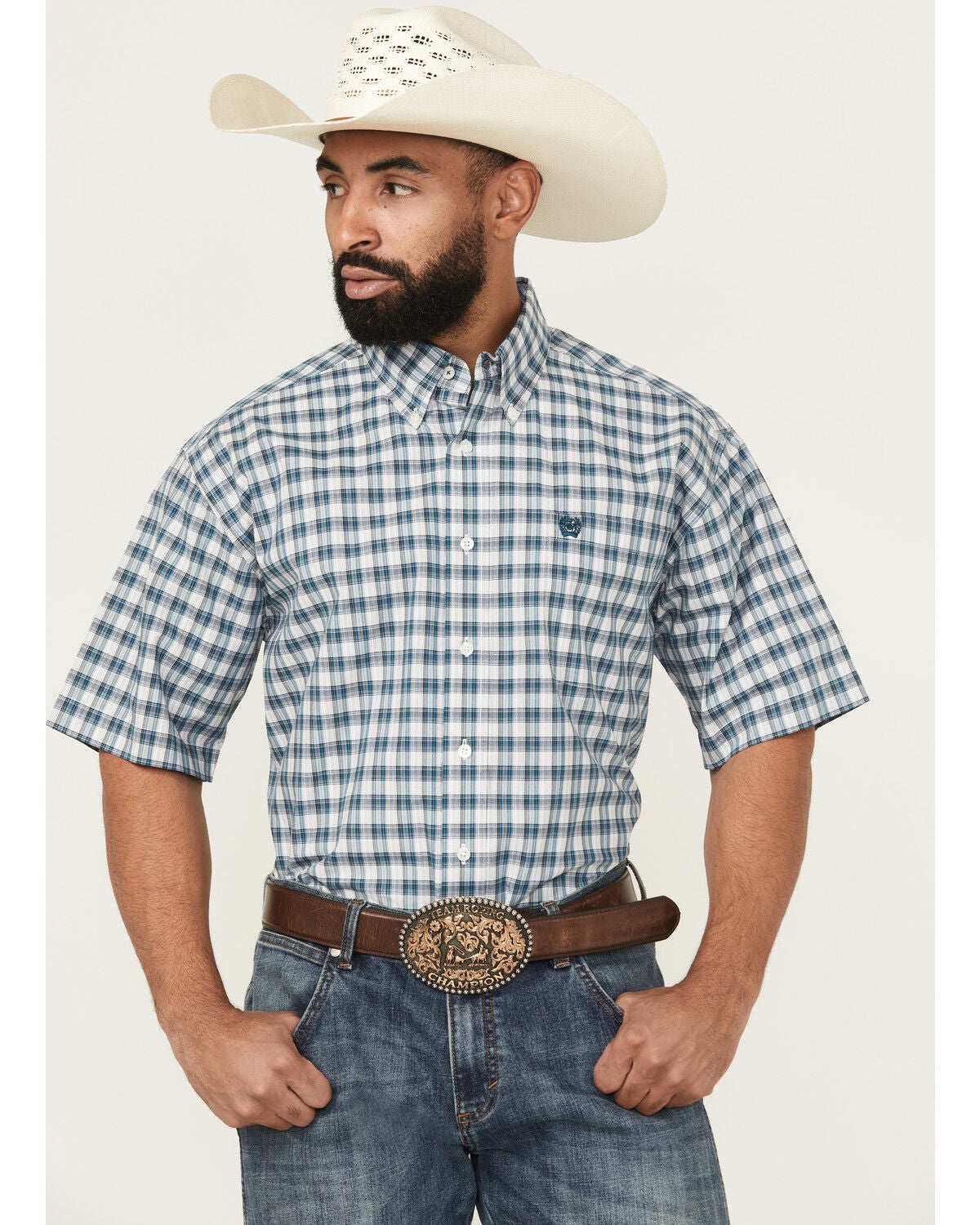 Cinch Men's Plaid Print Short Sleeve Button-Down Western Shirt, Cream, hi-res
