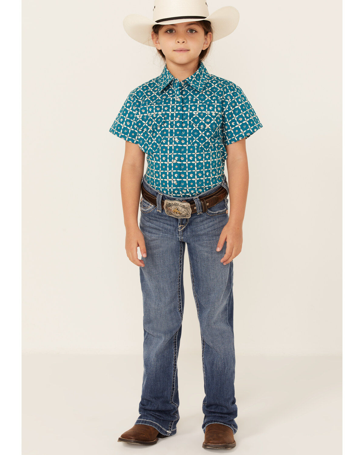Image #4 - RANK 45® Girls' Floral Horse Print Short Sleeve Pearl Snap Rodeo Shirt, Teal, hi-res
