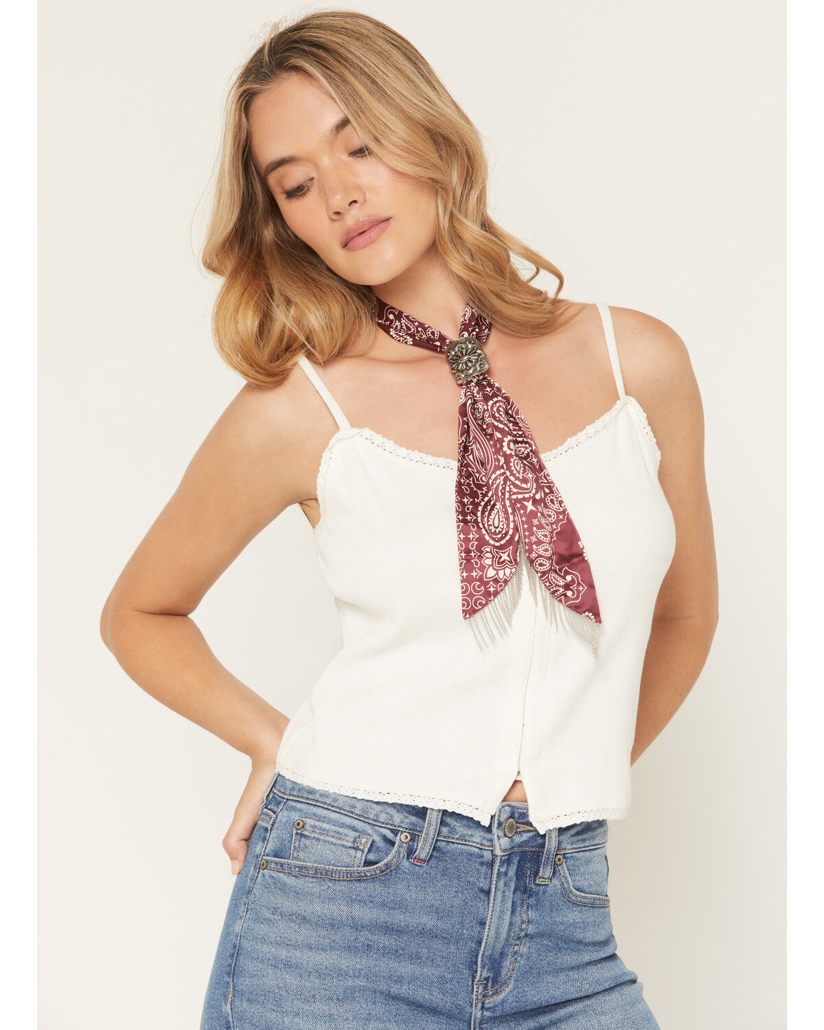 Image #1 - Idyllwind Women's Sutherland Chain Fringe Bandana Necklace, Red, hi-res