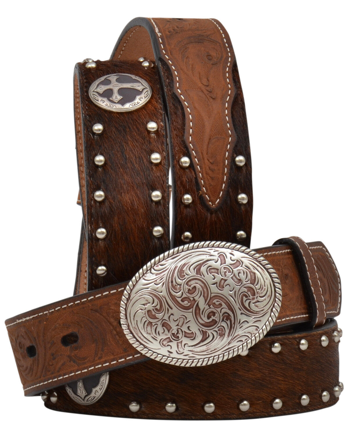 Image #2 - 3D Boys' Brindle Hair Cross Concho Buckle Belt, Tan, hi-res