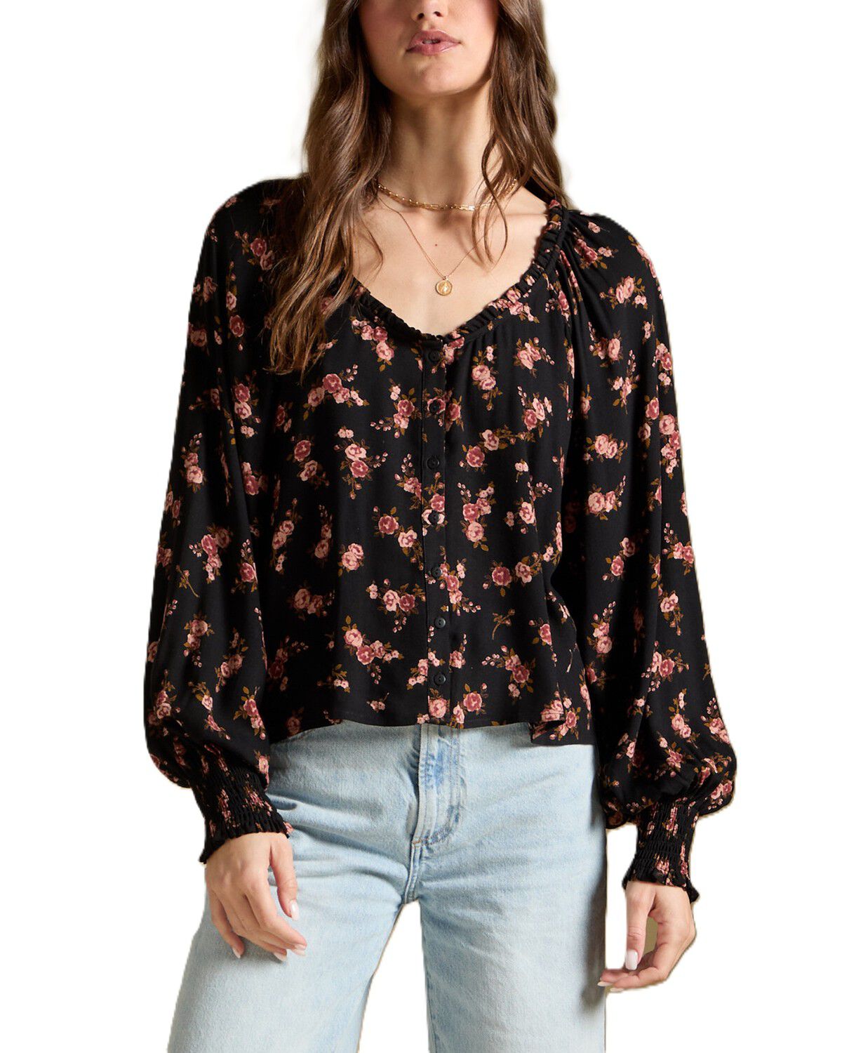 Saltwater Luxe Women's Nera Floral Print Long Sleeve Blouse, Black, hi-res