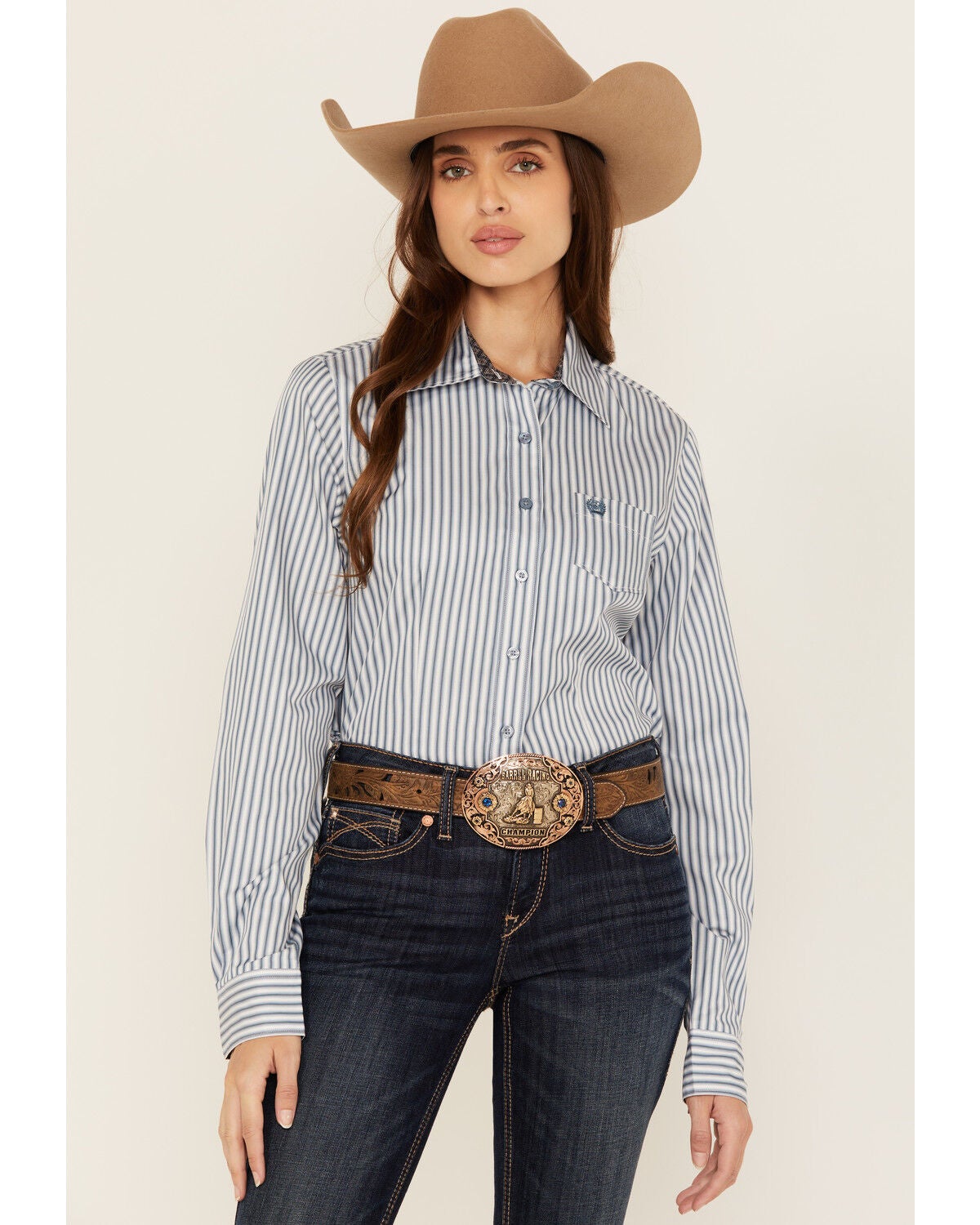 Cinch Women's Striped Long Sleeve Button-Down Western Shirt, Blue, hi-res