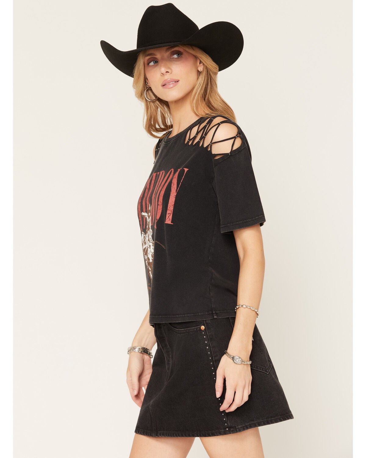 Image #2 - Nikxie Women's Icon Cut Out Shoulders Short Sleeve Graphic Tee, Black, hi-res