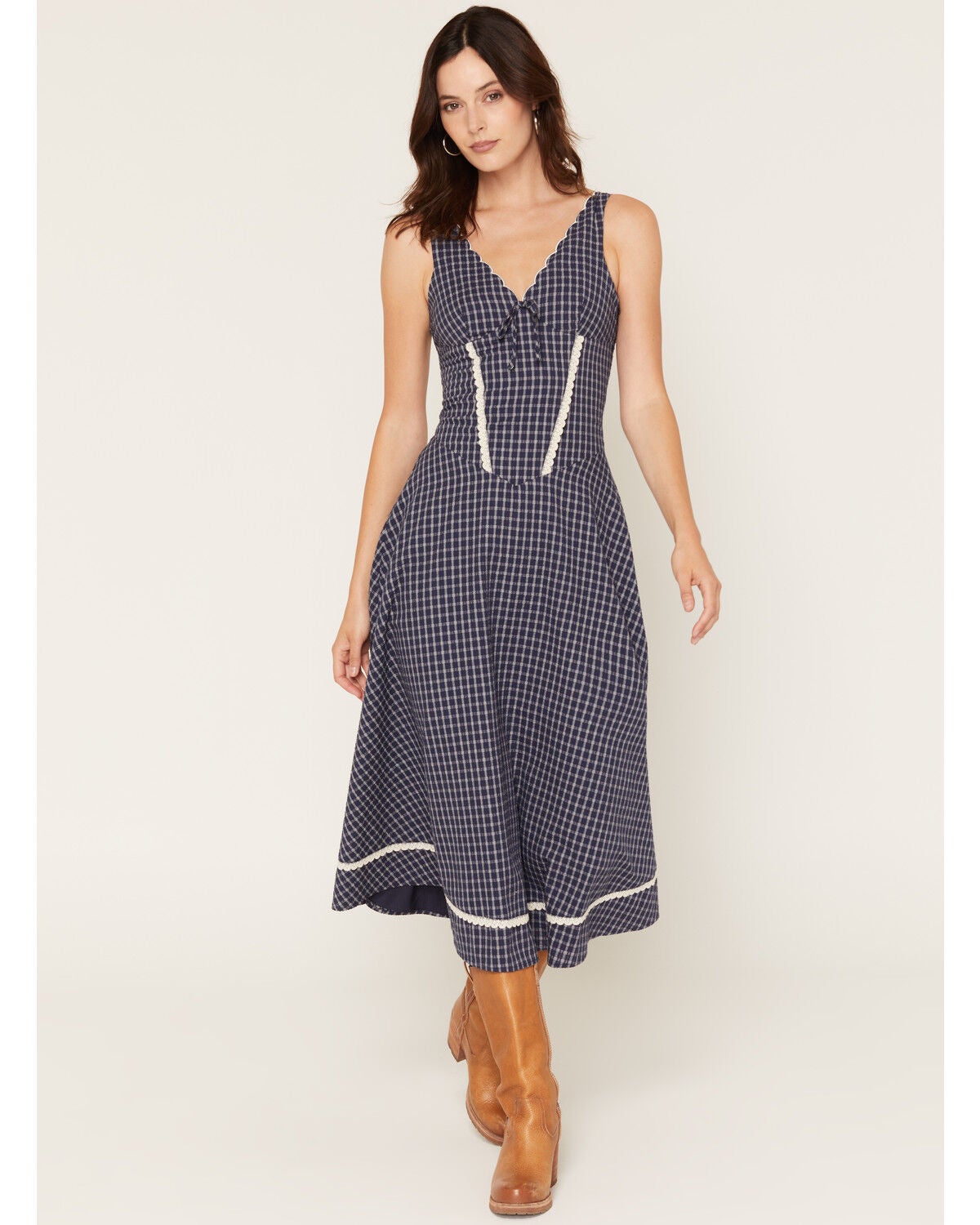 Cleo + Wolf Women's Plaid Print Sleeveless Midi Dress, Navy, hi-res
