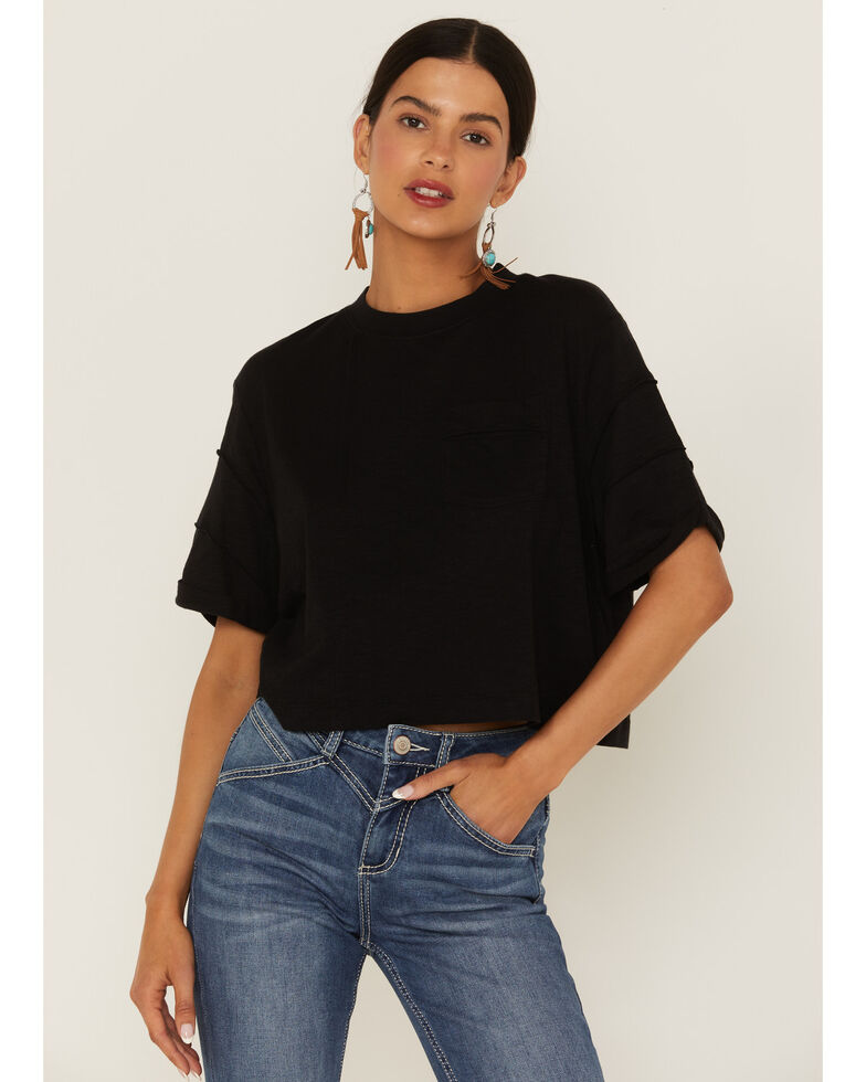 Cleo + Wolf Women's Boxy Cropped Seamed Tee , Black, hi-res