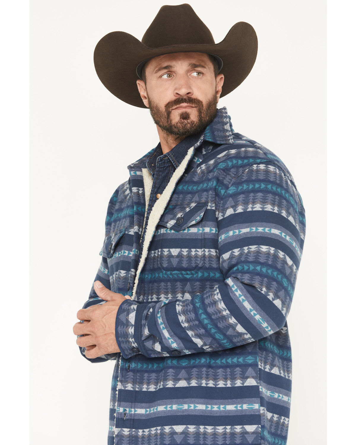 Image #2 - Cody James Men's Benton Sherpa Lined Southwestern Print Flannel Shirt Jacket, Blue, hi-res