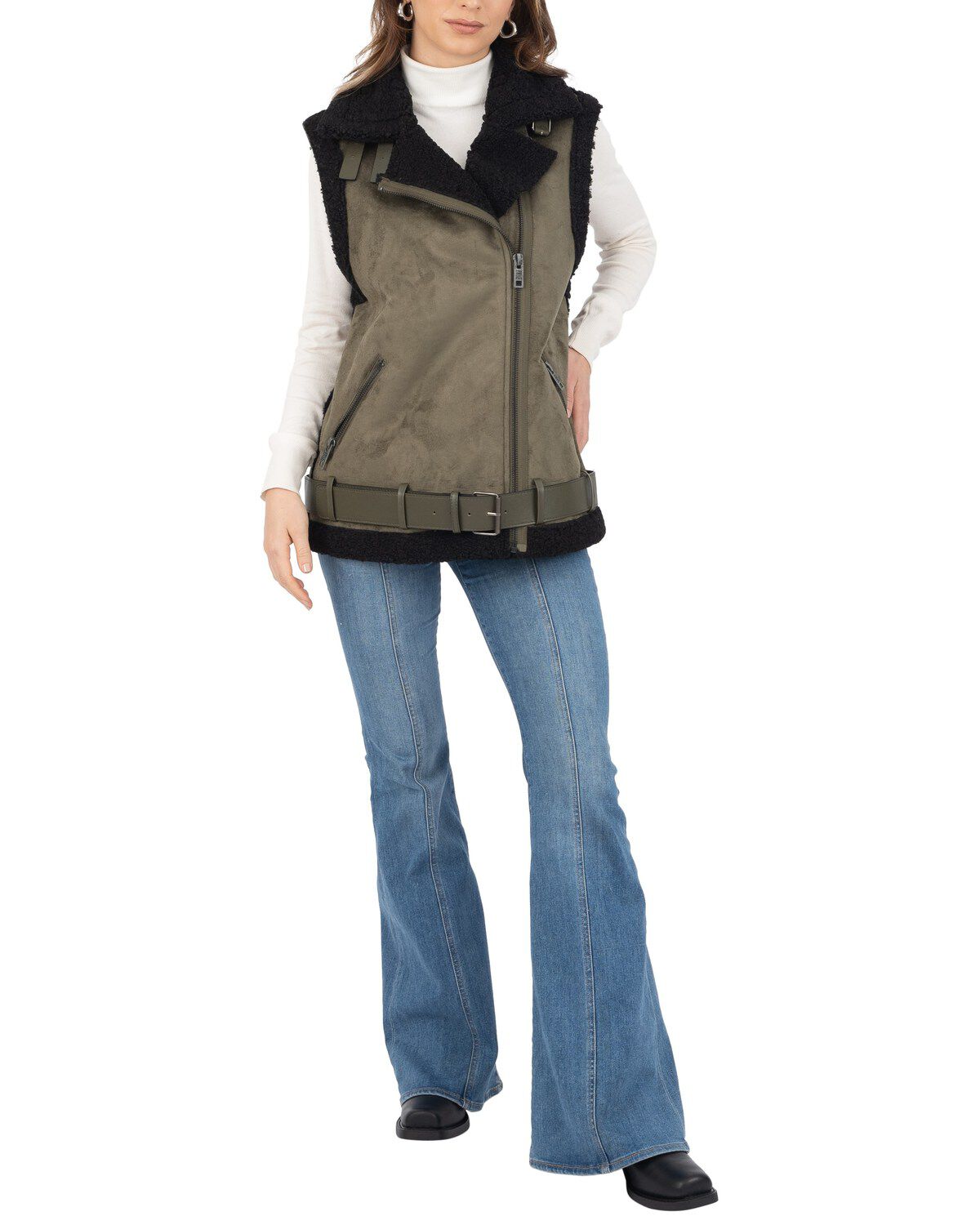 Frye Women's Belted Faux Shearling Vest, Olive, hi-res
