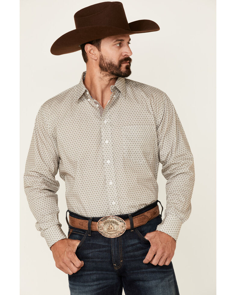 Resistol Men's Grey Glenview Geo Print Long Sleeve Button-Down Western Shirt , Grey, hi-res