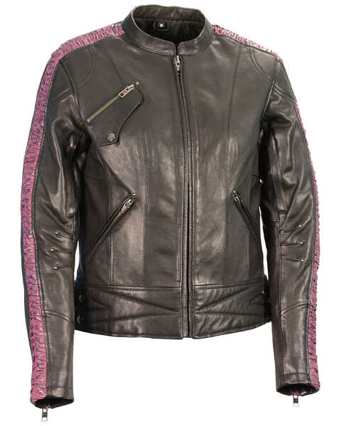 Image #1 - Milwaukee Leather Women's Crinkle Arm Lightweight Racer Leather Jacket - 3X, Black/purple, hi-res