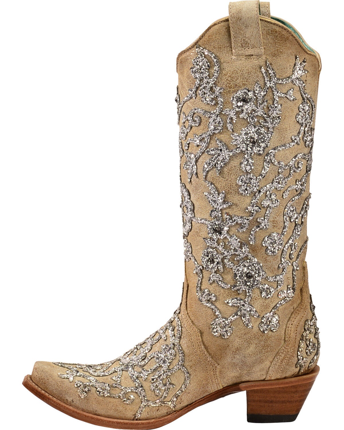 Image #3 - Corral Women's Bone Glitter Overlay Embroidery & Crystals Western Boots - Snip Toe, , hi-res