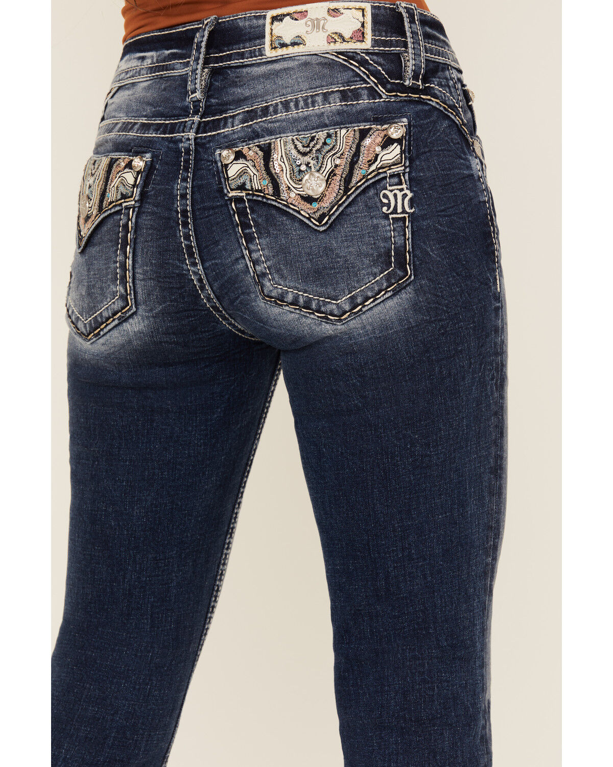 Image #2 - Miss Me Women's Dark Wash Mid Rise Agate Pocket 32" Bootcut Stretch Denim Jeans, Dark Wash, hi-res