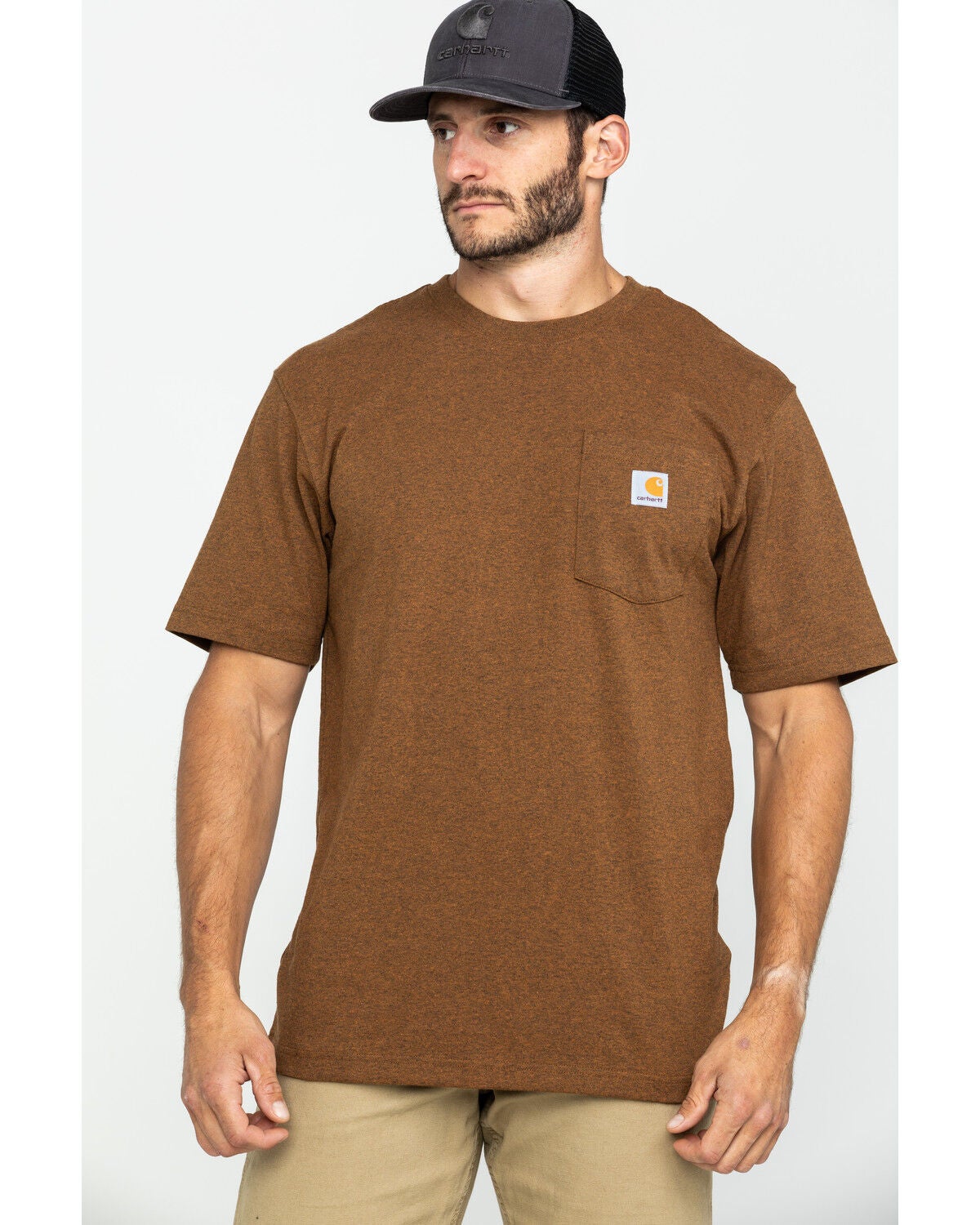 Carhartt Men's Loose Fit Heavyweight Logo Pocket Work T-Shirt - Big & Tall, Brown, hi-res