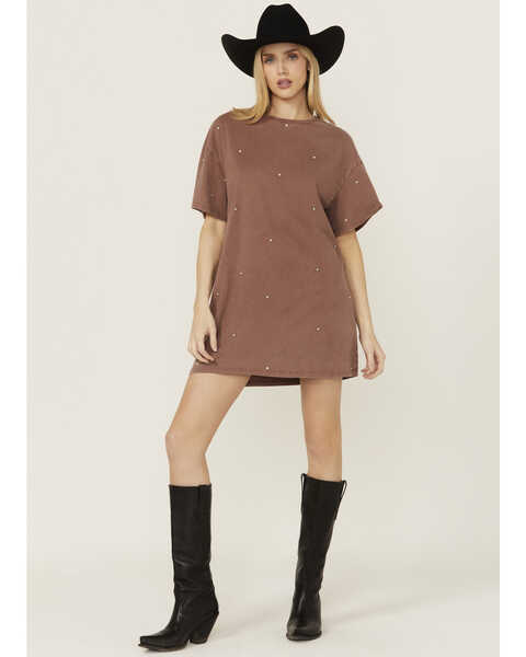 Rock & Roll Denim Women's Rhinestone Short Sleeve T-Shirt Dress, Brown, hi-res