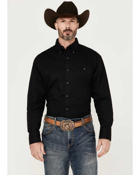George Strait by Wrangler Men's Solid Long Sleeve Button-Down Stretch Western Shirt - Tall , Black, hi-res