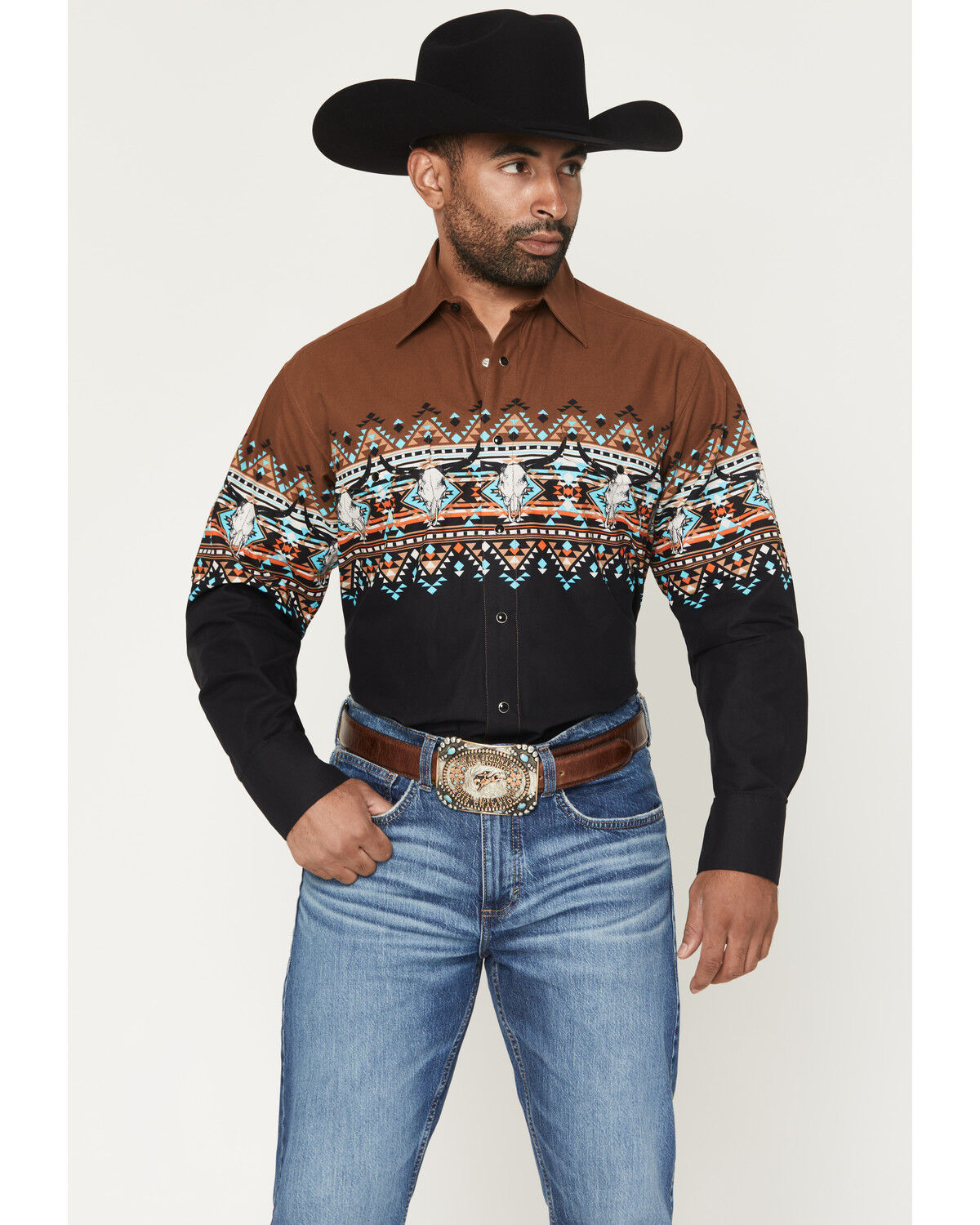 Image #1 - Panhandle Slim Men's Southwestern Border Long Sleeve Snap Western Shirt, Black, hi-res