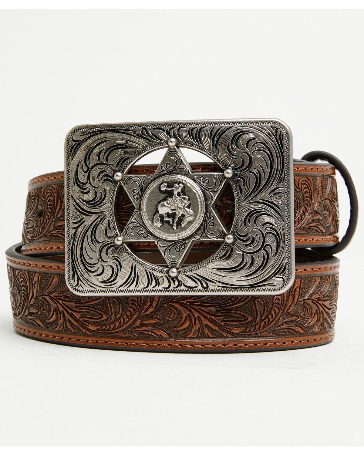 Cody James Boys' Sheriff Star Buckle Tooled Belt, Brown, hi-res