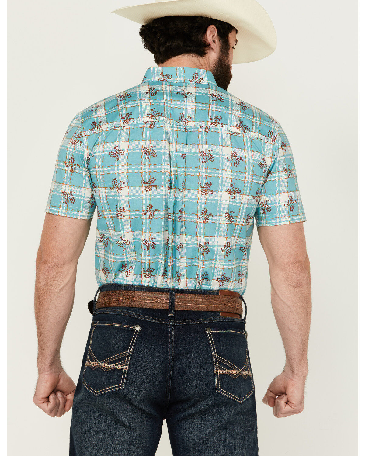 Image #4 - RANK 45® Men's Folklore Plaid Print Short Sleeve Button-Down Performance Stretch Western Shirt, Teal, hi-res