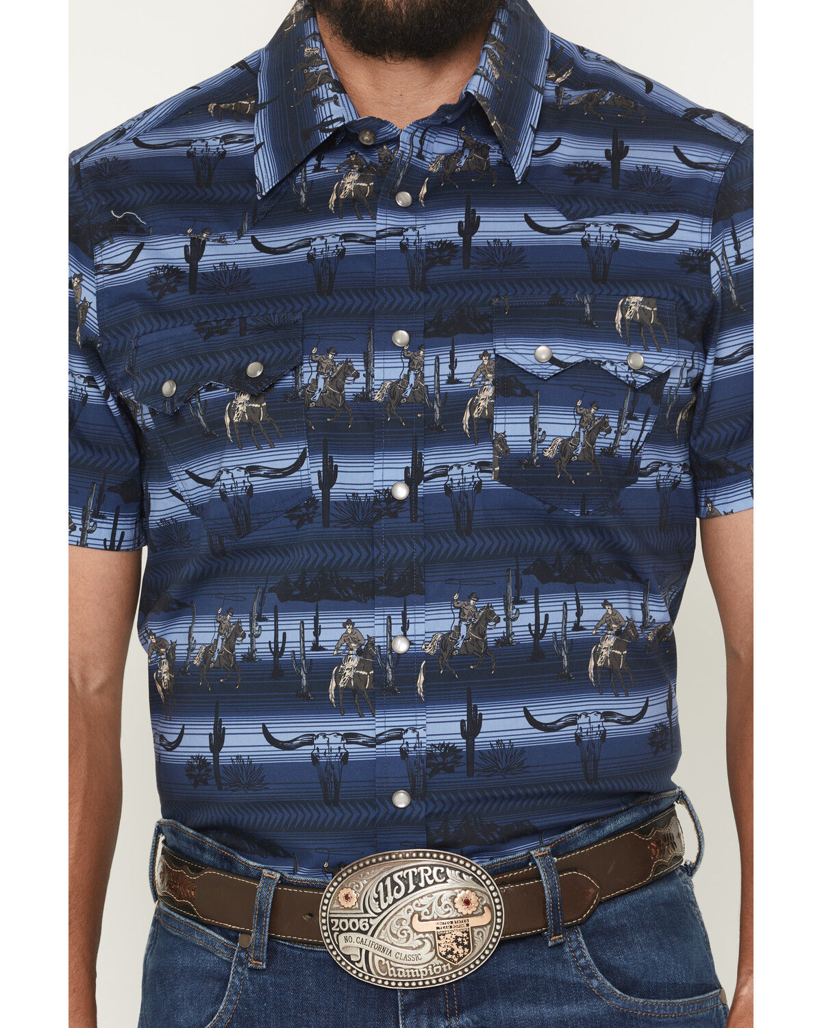 Image #3 - Rock & Roll Denim Men's Serape Striped Steerhead Short Sleeve Snap Stretch Western Shirt, Navy, hi-res