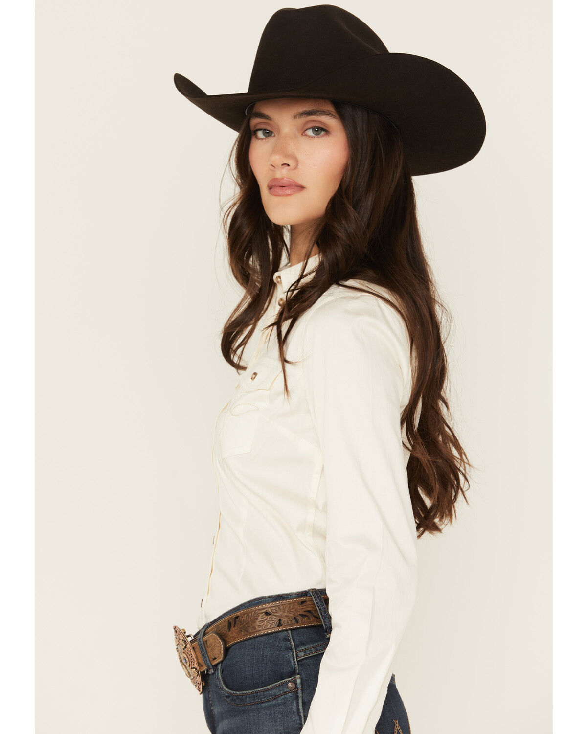 Image #2 - Shyanne Women's Poplin Embroidered Long Sleeve Button-Down Stretch Western Shirt, Ivory, hi-res
