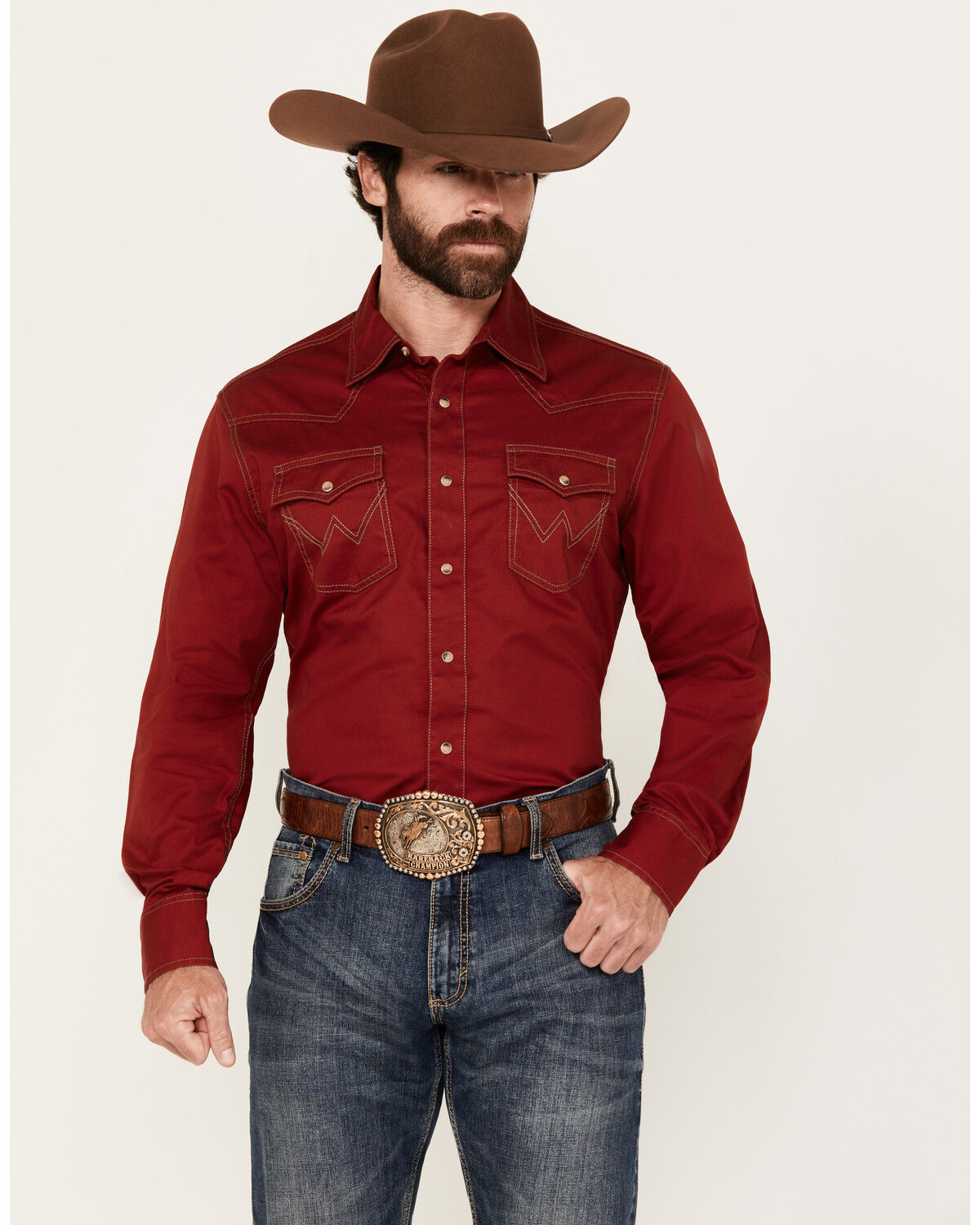 Image #1 - Wrangler Retro Men's Premium Solid Long Sleeve Snap Western Shirt, Dark Red, hi-res