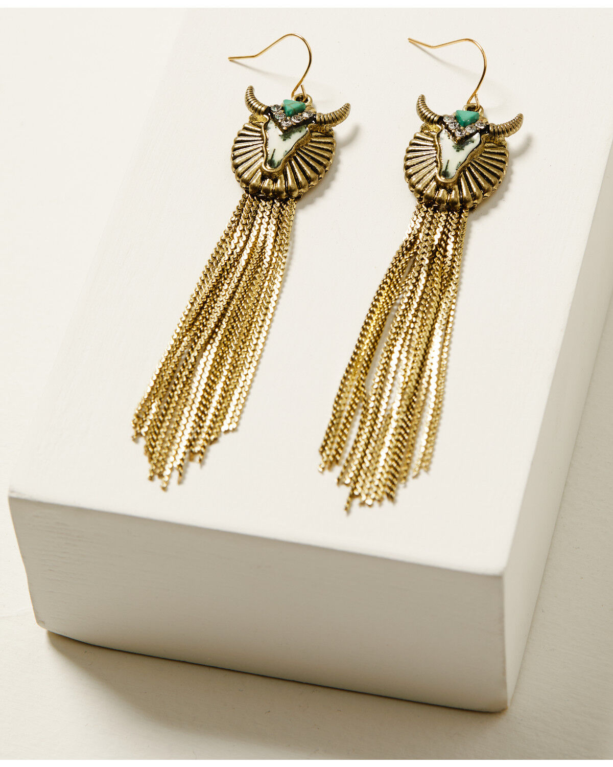 Image #1 - Shyanne Women's Fringe Steer Head Earrings, Turquoise, hi-res