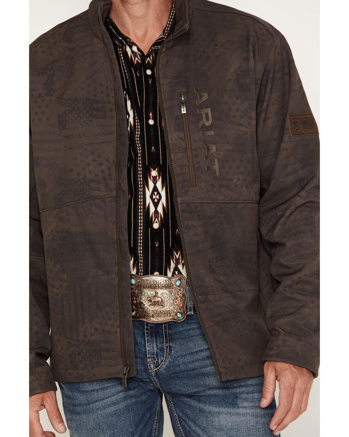 Image #3 - Ariat Men's Americana Patriot Flag Softshell Jacket, Brown, hi-res