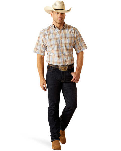 Ariat Men's Pro Series Denzel Plaid Print Short Sleeve Button-Down Western Shirt , Beige, hi-res