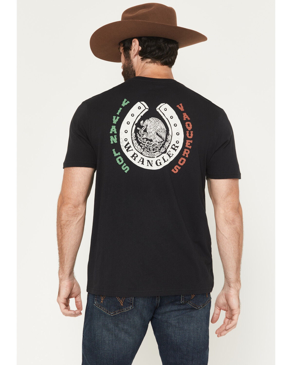 Wrangler Men's Vivan Los Vaqueros Horseshoe Short Sleeve Graphic T-Shirt, Black, hi-res