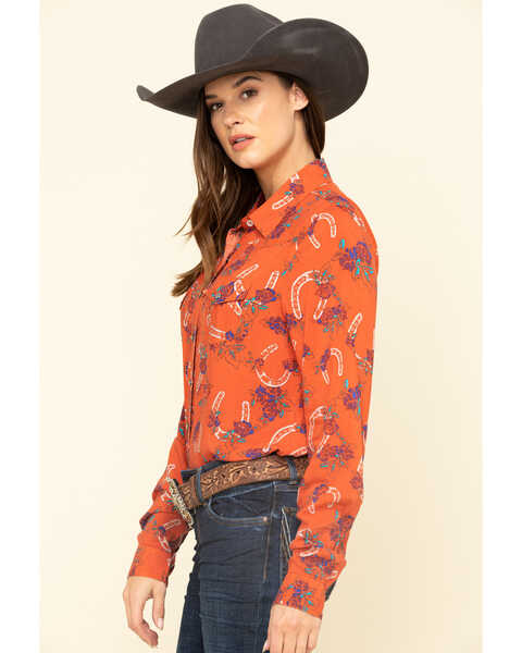 Image #3 - Cruel Girl Women's Rust Horseshoe Rose Print Long Sleeve Western Shirt , , hi-res