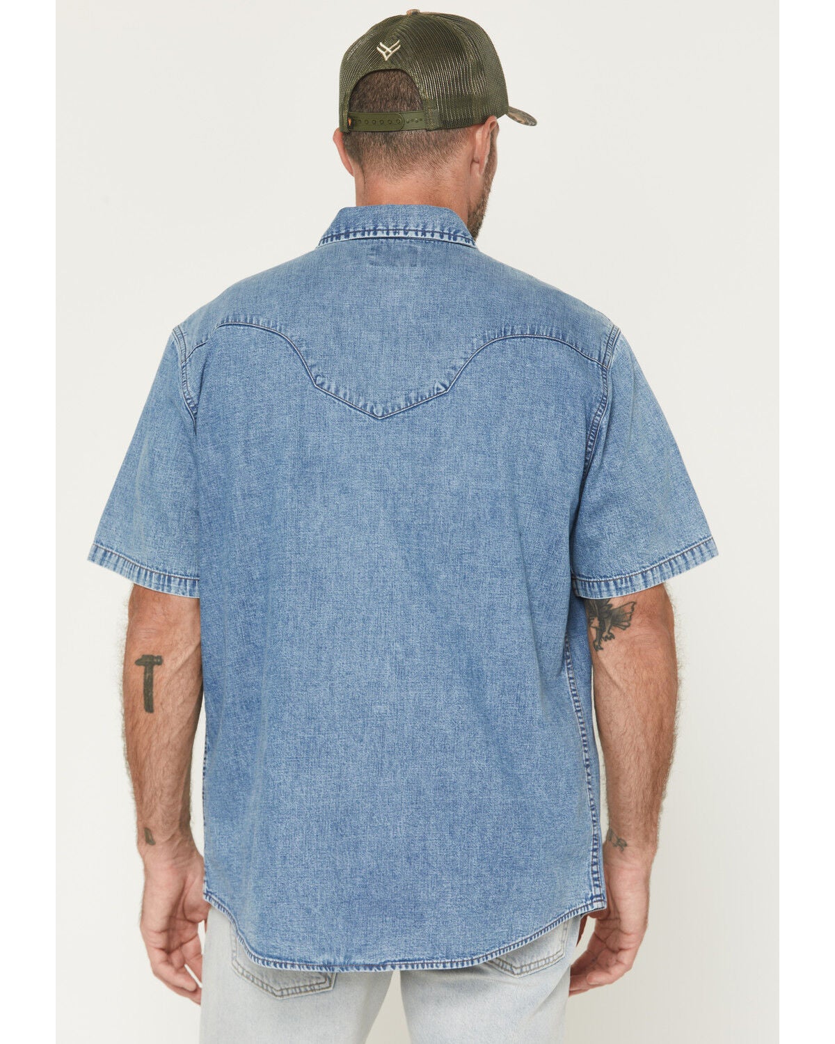 Image #4 - Wrangler Men's Brushpopper Vintage Denim Short Sleeve Snap Western Shirt, Medium Wash, hi-res