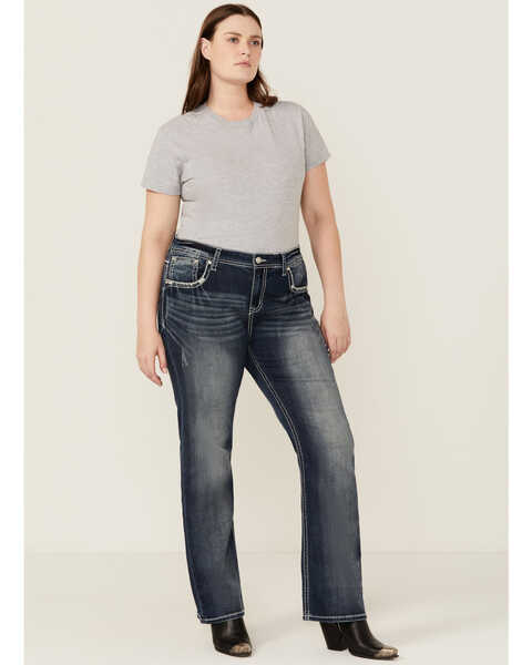 Grace in LA Women's Medium Wash Mid Rise Geo Pocket Stretch Bootcut Jeans - Plus , Medium Wash, hi-res