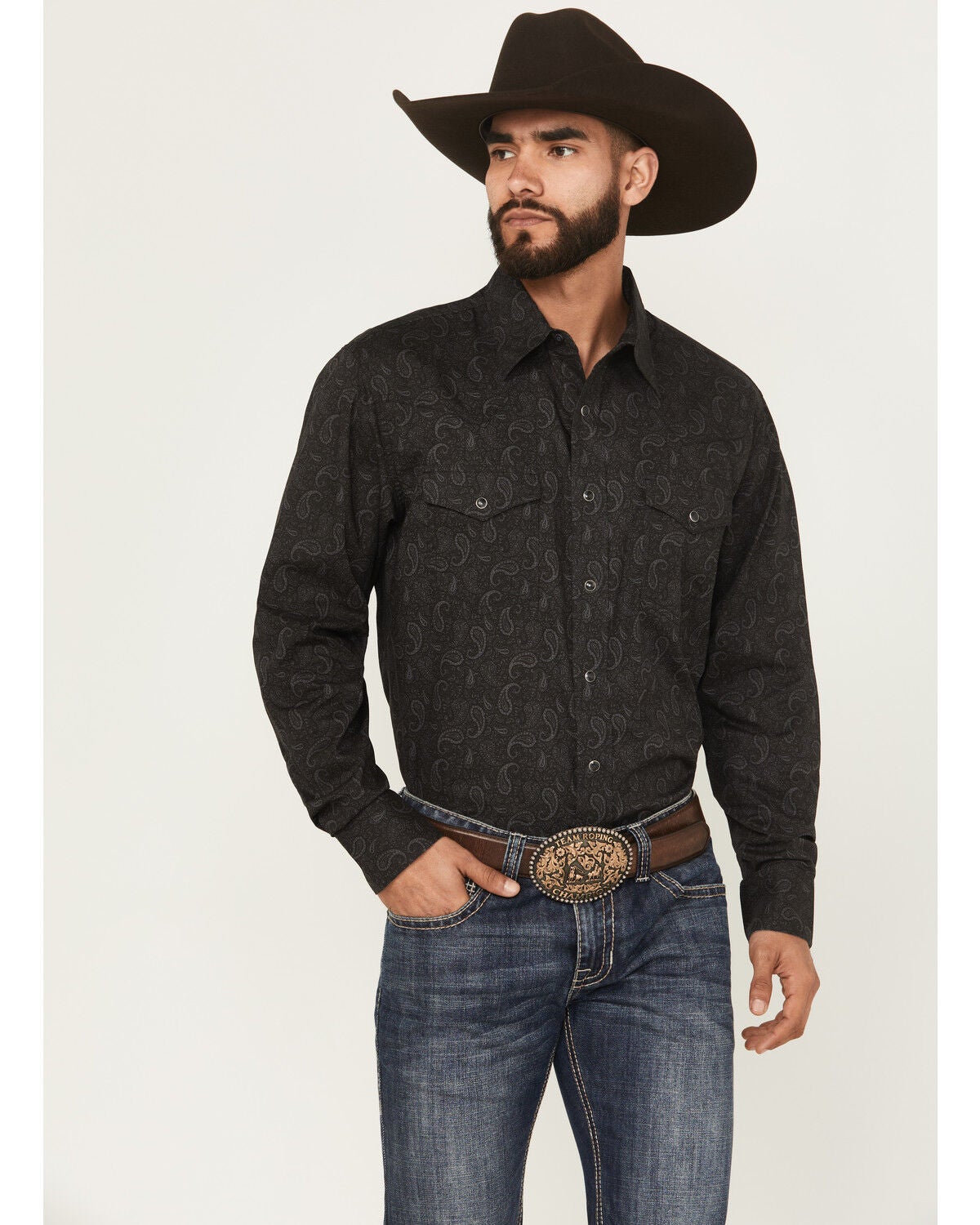 Image #1 - Wrangler 20X Men's Paisley Print Long Sleeve Snap Stretch Western Shirt, Black, hi-res