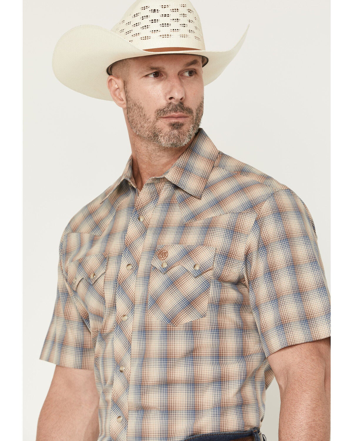 Image #2 - Wrangler Retro Men's Plaid Print Short Sleeve Snap Western Shirt, Brown, hi-res