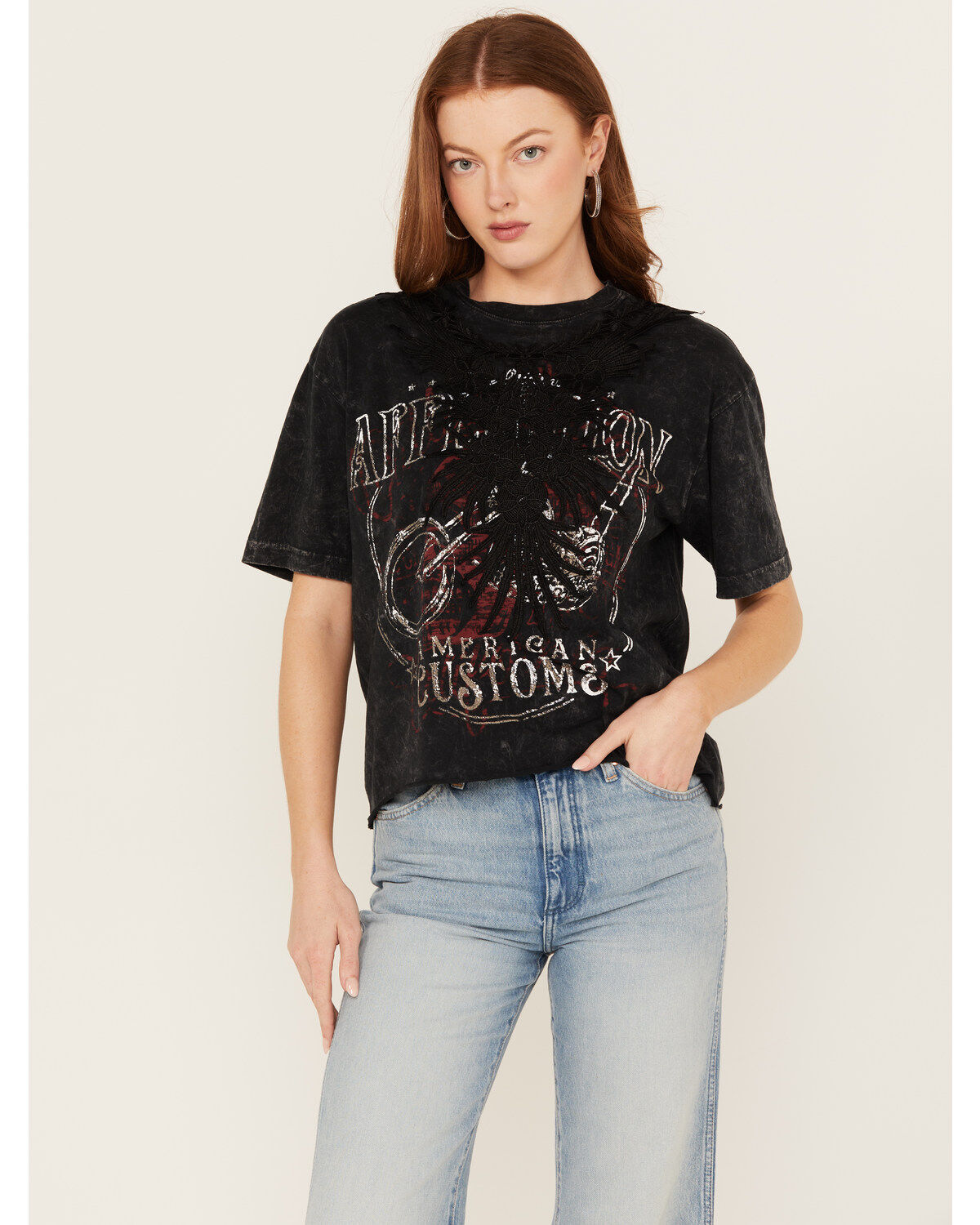 Image #1 - Affliction Women's Last Ride Cropped Fringe Graphic Tee, Black, hi-res