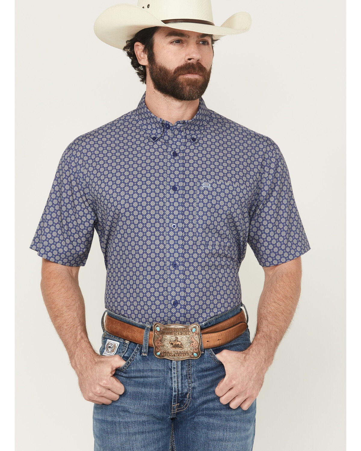 Cinch Men's Floral Geo Print Short Sleeve Button-Down Performance Stretch Western Shirt, Blue, hi-res