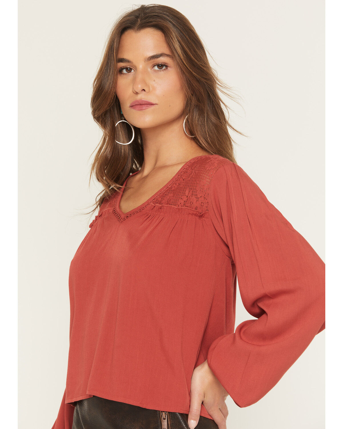 Image #2 - Eyeshadow Women's Long Sleeve Lace Contrast Peasant Top, Red, hi-res