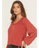 Image #2 - Eyeshadow Women's Long Sleeve Lace Contrast Peasant Top, Red, hi-res