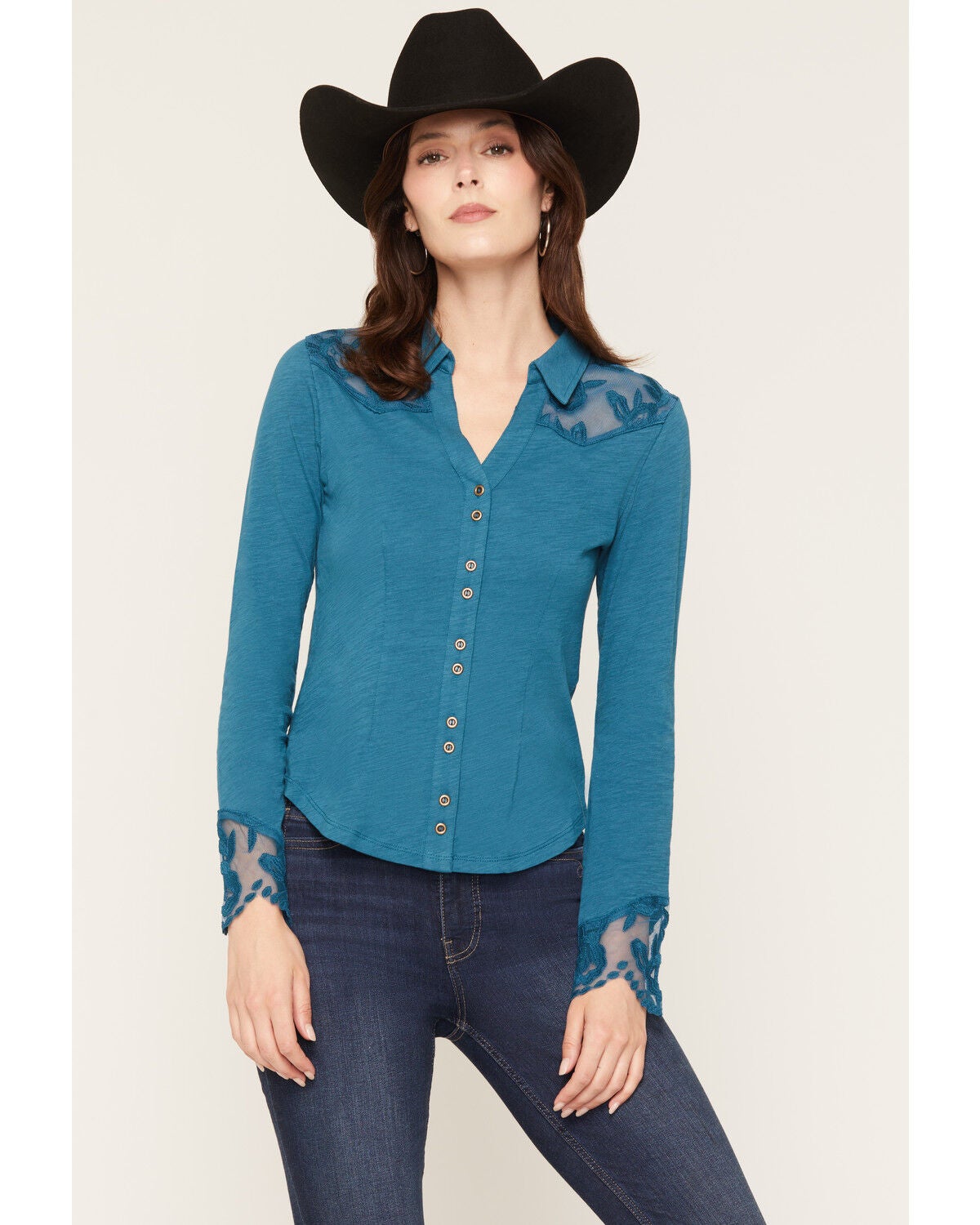Image #1 - Shyanne Women's Rider Long Sleeve Knit Lace Yoke Button-Down Western Shirt, Teal, hi-res