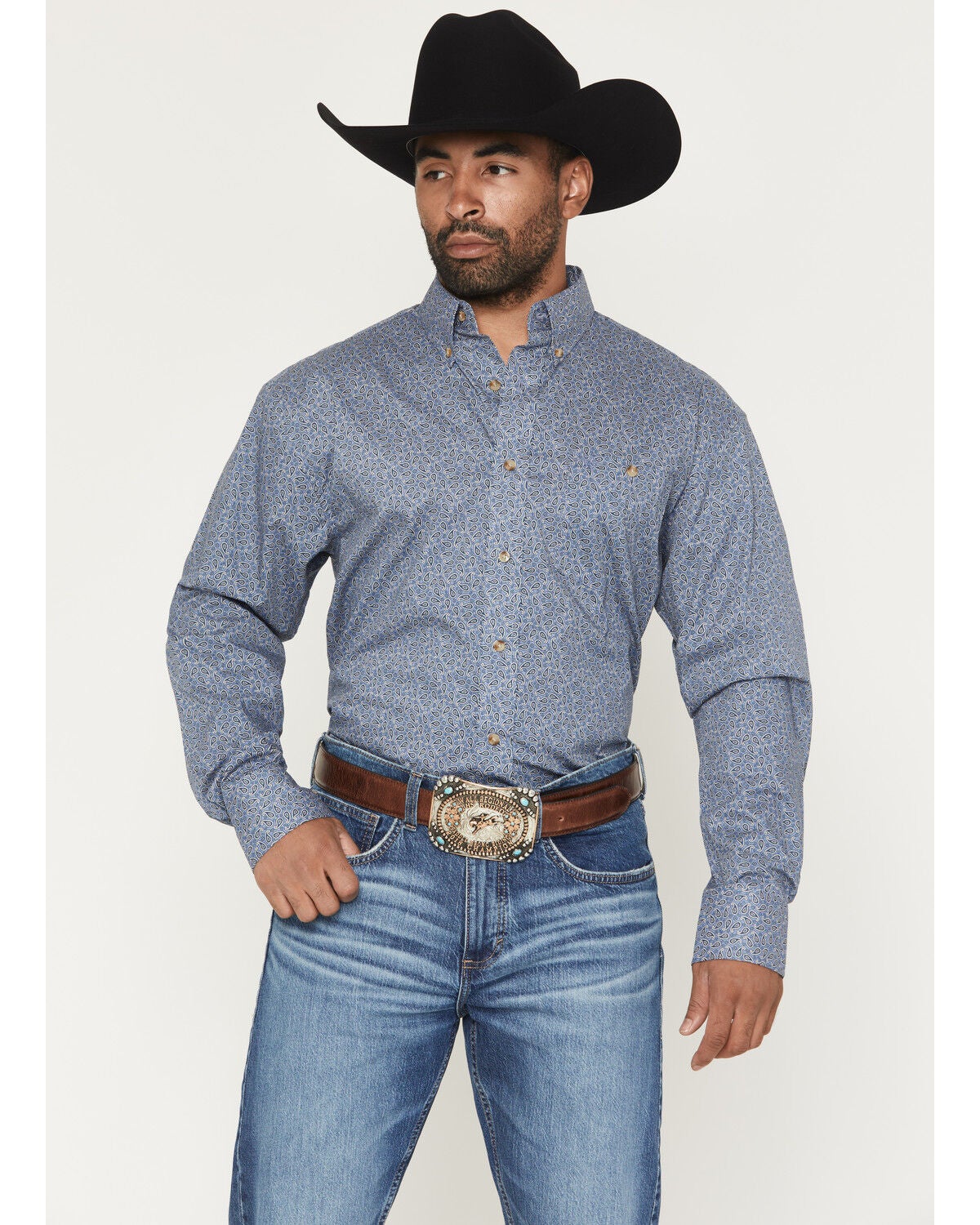 Wrangler Men's Paisley Print Long Sleeve Button-Down Stretch Western Shirt - Big, Navy, hi-res