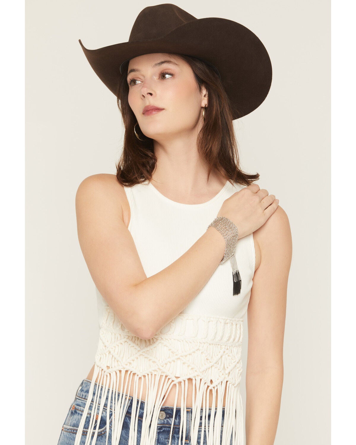 Lainey Wilson Women's Wide Chain Tassel Flex Bracelet, Silver, hi-res