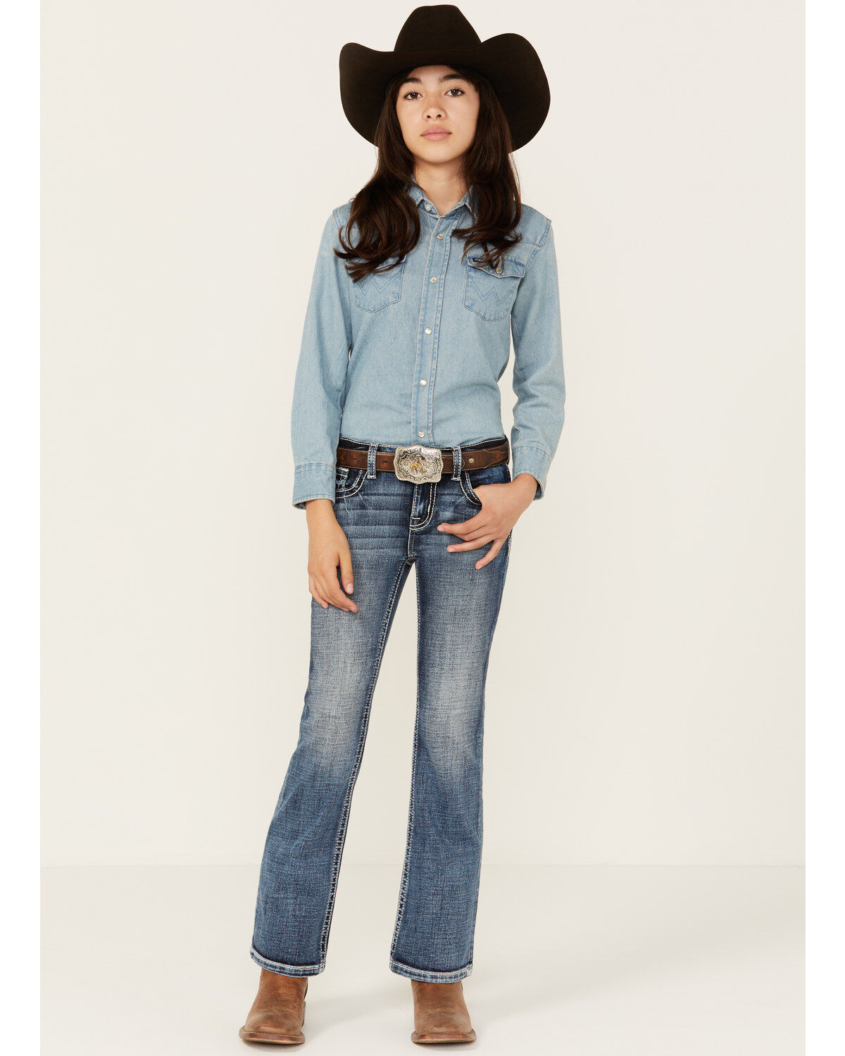 Image #3 - Miss Me Girls' Medium Wash Border Print Stretch Bootcut Jeans, Blue, hi-res