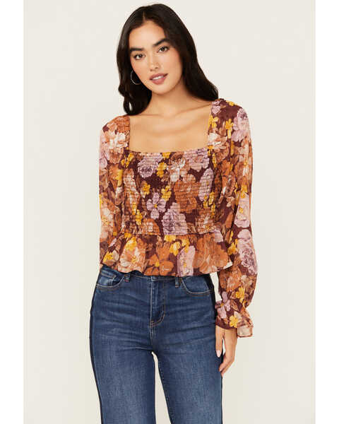 En Creme Women's Floral Print Shirred Long Sleeve Top, Multi, hi-res
