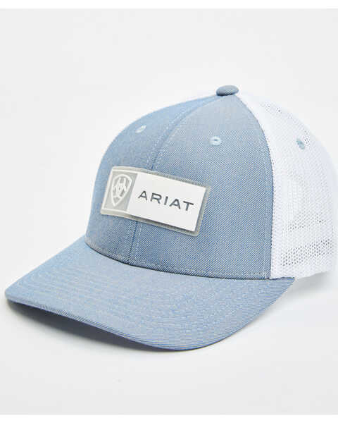 Ariat Men's Light Blue Rectangle Logo Patch Mesh-Back Flex-Fit Ball Cap , Blue, hi-res
