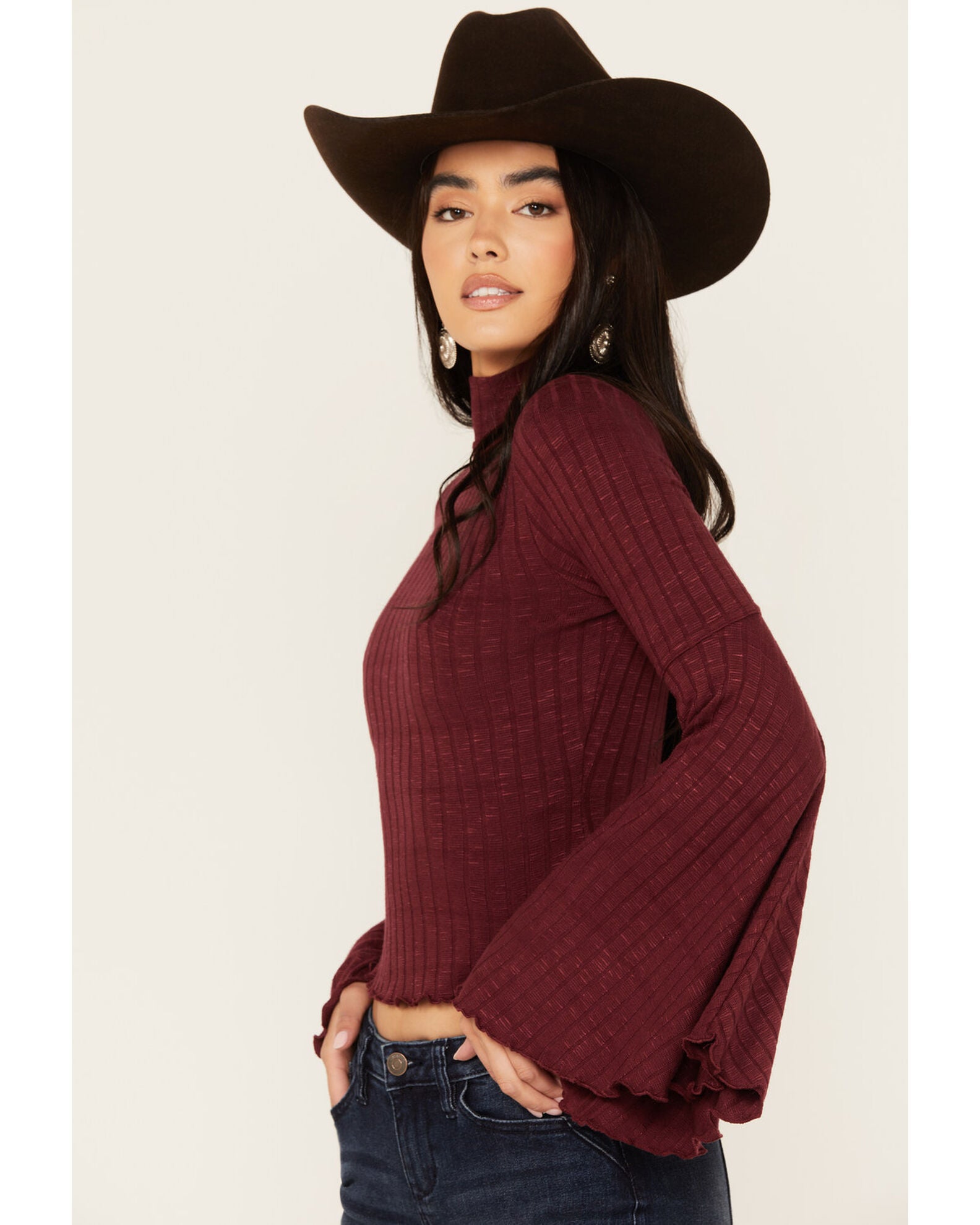 Ribbed Bell Sleeve Mock Neck Top