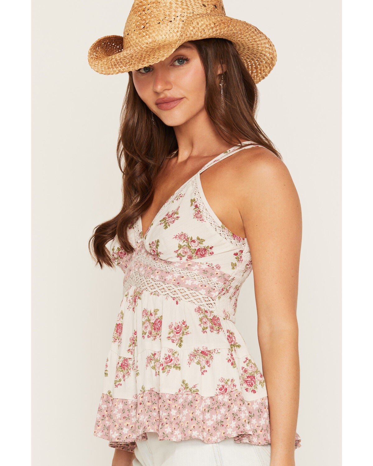Image #2 - Angie Women's Floral Print Lace Trim Tank Top, Ivory, hi-res
