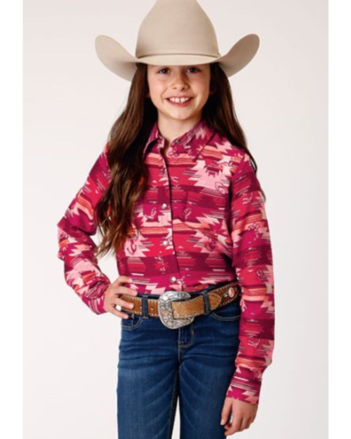 Image #1 - Roper Girls' Icon Southwestern Print Long Sleeve Snap Western Shirt, , hi-res