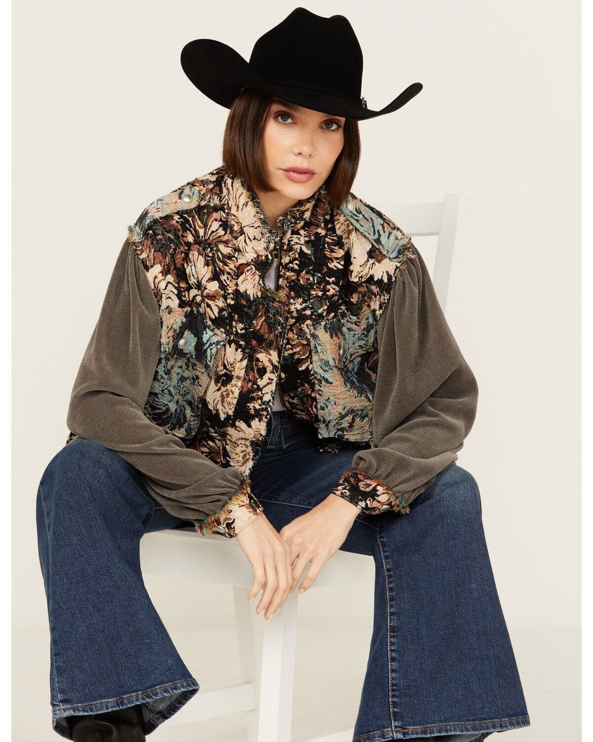 POL Women's Floral Long Sleeve Shacket, Black, hi-res