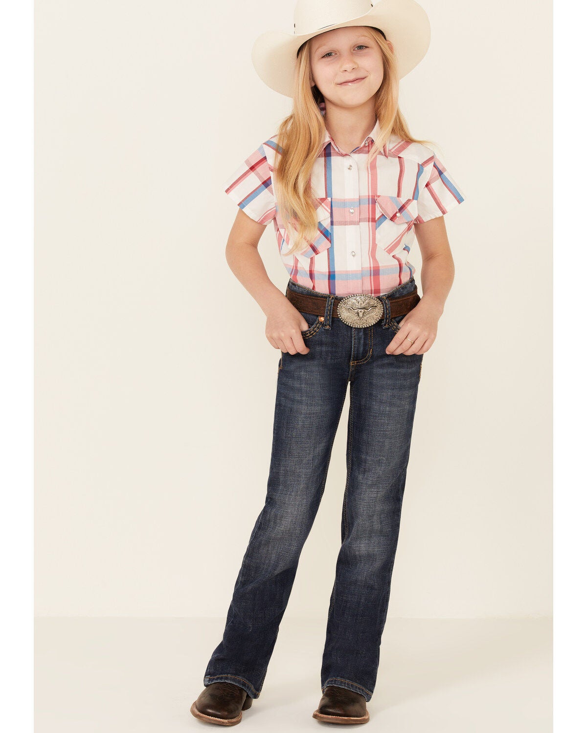 Shyanne Girls' White Plaid Short Sleeve 