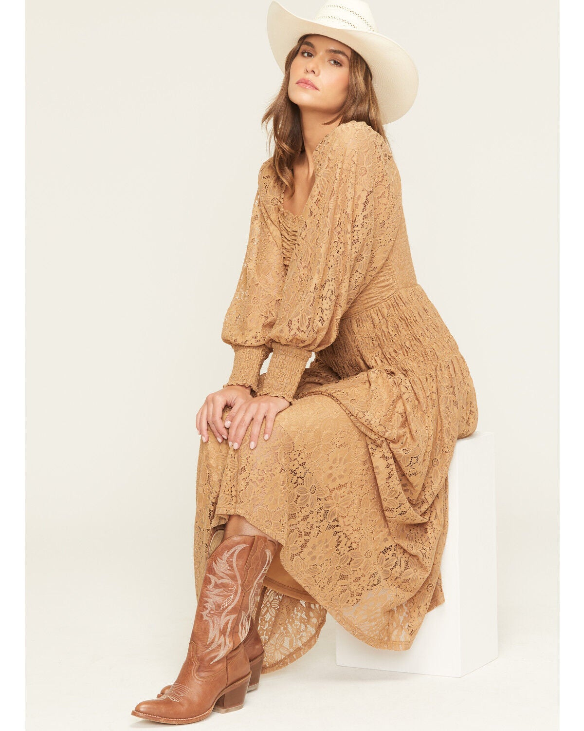 Listicle Women's Lace Long Sleeve Midi Dress, Caramel, hi-res