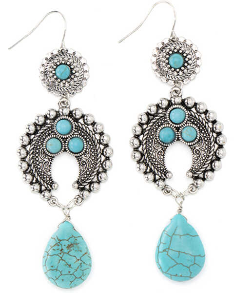 Cowgirl Confetti Women's Silver Crescent-Shaped Turquoise Stone Chandelier Earrings, Silver, hi-res
